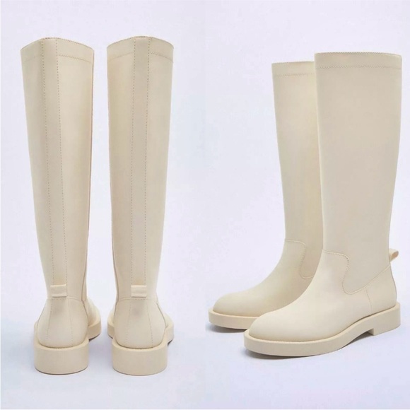 Zara NWT cream nude rubberized knee high round toe low lug sole boots - size 39 - Picture 8 of 9